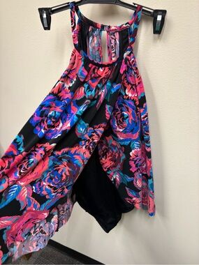Miraclesuit Black Halter Tank with Pink & Blue Floral Back